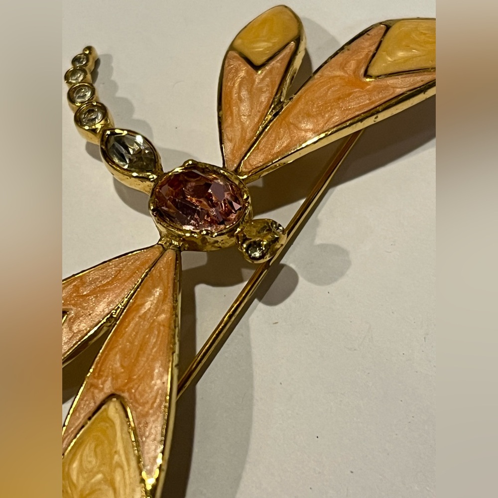 Vintage Kenneth Jay Lane For Avon Gold Tone Enamel & Rhinestone Dragonfly Brooch